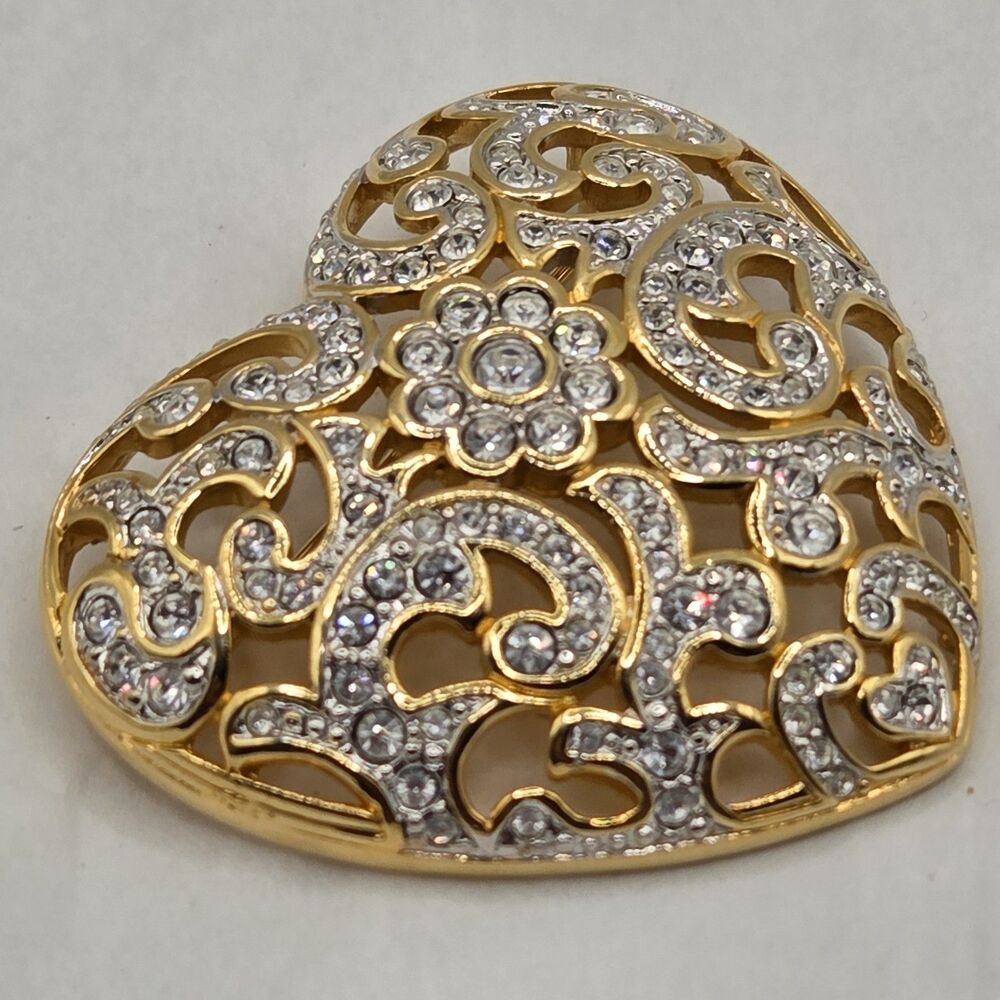 Large Vintage Swarovski Swan Crystal Filigree Heart Pin Brooch Gold Tone
